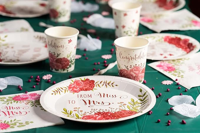 Bridal: From Miss to Mrs (Traditional Rose) Tableware Pack: Disposable Paper Plates, Napkins and Cups Set for 20