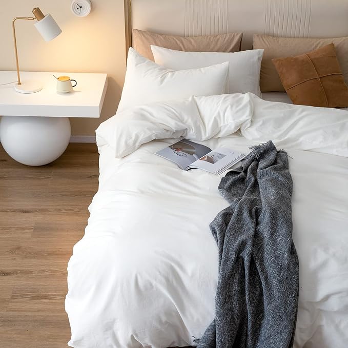 JIYUAN 100% Washed Cotton Duvet Cover Set 3 Pieces Full, 1 Duvet Cover 80x90 Inches(Comforter Not Included) and 2 Pillowcases,Linen Feel Bedding Set Comfy and Breathable,Off White