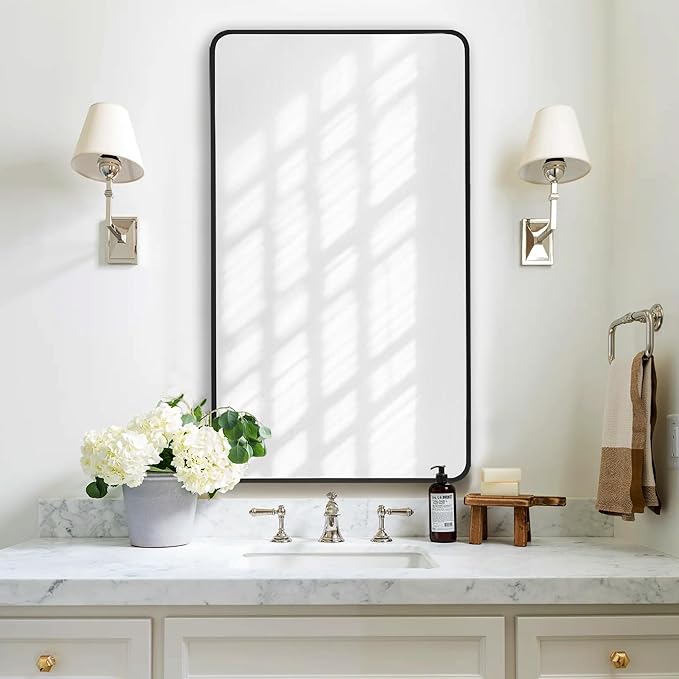 20x36 Inch Rectangle Bathroom Mirror with Black Metal Frame, Rounded Corner Rectangular Vanity Mirror for Wall, Modern Large for Bedroom, Living Room, Horizontal or Vertical