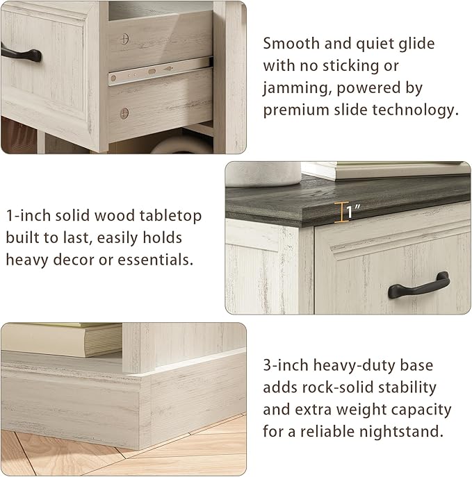 CARPETNAL 20" Farmhouse Nightstand, End Table with Large Drawers & Open Storage, Side Table, Bedside Cabinet for Bedroom, Living Room, White