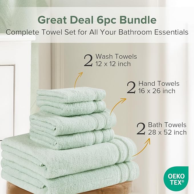 Comfort Spaces Luxury Bath Set - 6 Pieces (2 Bath Towels, 2 Hand Towels, 2 Washcloths) - 100% Cotton, Quick-Dry - Lightweight, Soft Seafoam Green