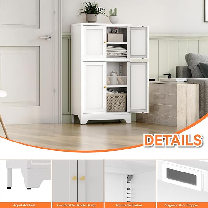 White Bathroom Floor Cabinet, Metal Storage Cabinet with 2 Adjustable Shelves & 4 Doors,Freestanding Sideboard for Dining Room,Living Room, Home Office