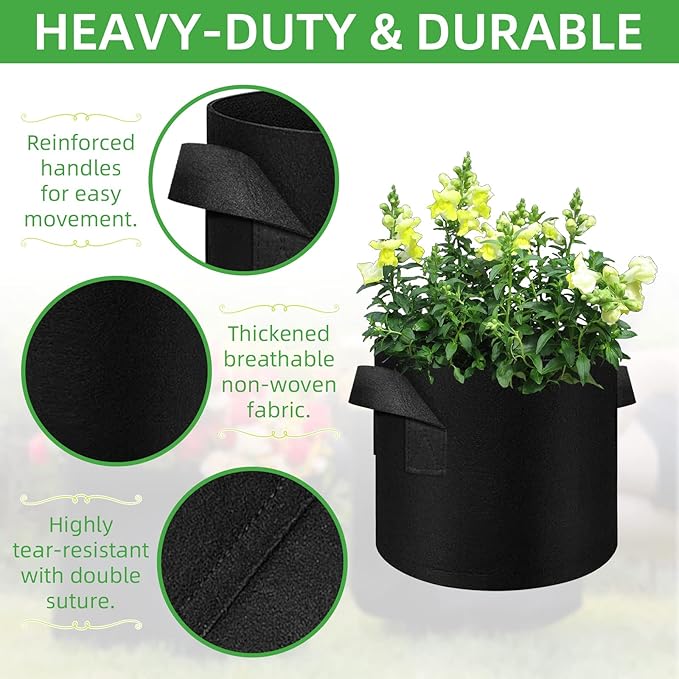 50 Pack 5 Gallon Plant Grow Bags, Breathable Felt Non-Woven Aeration Fabric Plant Grow Pots, Garden Planting Containers for Nursery Vegetable Flower Grow Bags with Handles (11.8x9.8inch)