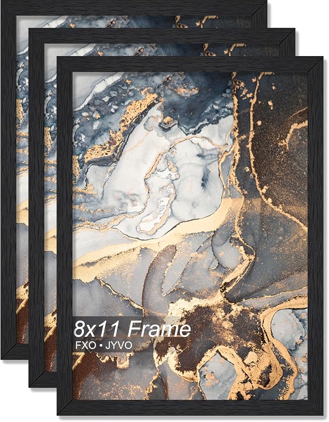 Engineered Wood 8x11 Picture Frame Set of 3, Black Frame for 8 x 11 Inch Picture Poster Photo, Light Weight 8 by 11 Frame with Wood-grain for Wall - 3 Pack/Black/8"x11"