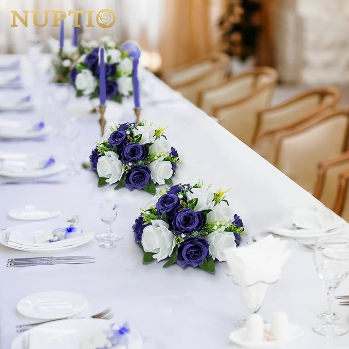NUPTIO Artificial Flower Centrepieces for Tables - 10 Pcs Navy Blue & White Fake Flowers Roses Balls 9.5in Diameter - Silk Faux Rose Arrangement for Wedding Party Centerpiece Table Decorations