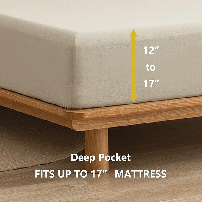 BESTOUCH Sheet Set 100% Washed Cotton Linen Feel Super Soft Comfortable Chic Lightweight 4 Pcs Home Bedding Set Solid Almond Milk Grey Queen