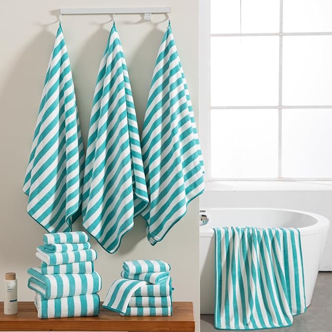 18 Pcs Turquoise Cabana Stripe Family Towels Set with Hanging Loop-6 Bath Sheets,6 Hand Towels,6 Washcloths Soft Bathroom Towel Highly Absorbent Quick Dry Shower Towel for Beach Chair,Spa,Gym,Hotel