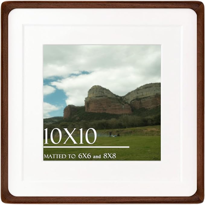 10x10 Square Picture Frame in Natural Walnut Wood, Solid Wooden Frames matted to 6x6/8x8, Gallery Frames for Wall Mount or Tabletop Display