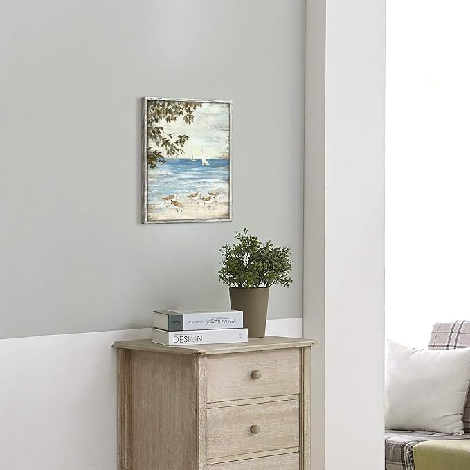 Ocean Abstract Wooden Artwork Framed: Seagulls Graphic Art Print on Wood Board for Bathroom (11''W x 16''H, Multi-Sized/Material)