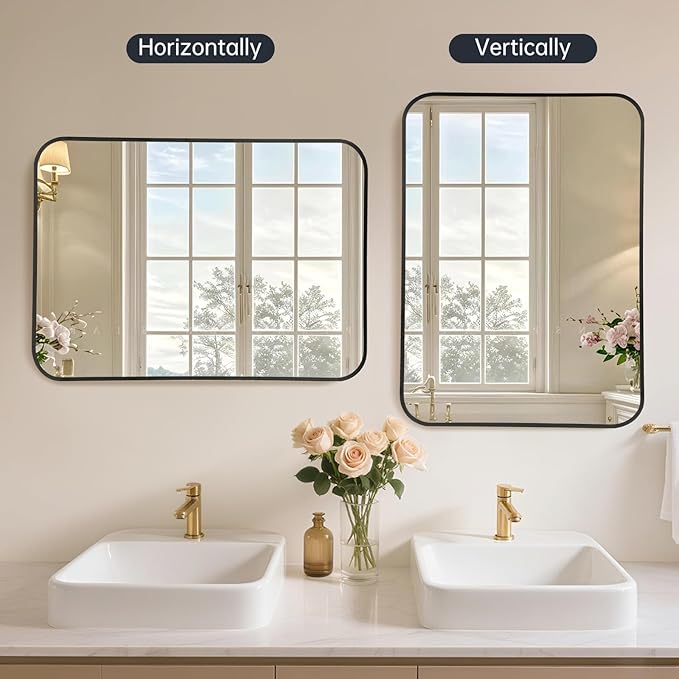16x24 Inch Bathroom Mirror for Wall,Matte Black Framed Rectangle Mirror with Rounded Corner,Aluminum Alloy Framed Brushed Wall Mirror for Bedroom or Living Room,Vertical or Horizontal