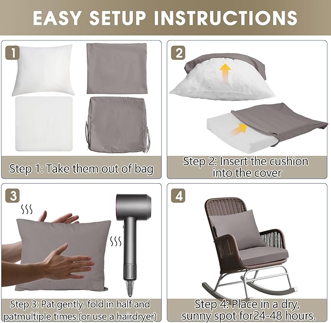 Outdoor Seat Cushion Set 22 x 22 In, Water-Resistant & Fade-Resistan, Patio Furniture Cushions with Removable Cover Deep Seat & Back Cushion with Handle and Adjustable Straps for Chair Sofa,4PC