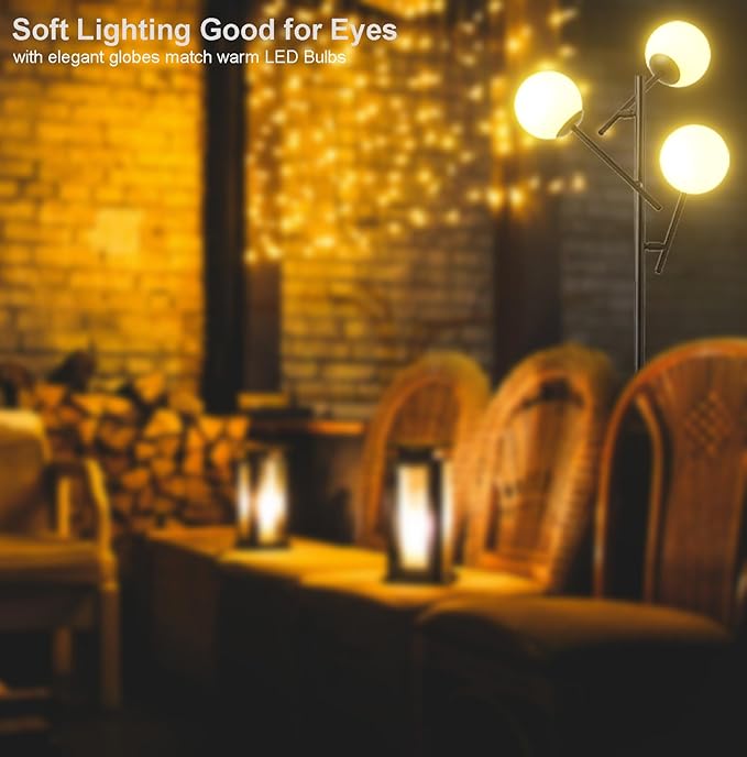 Fiqevs 3 Globe Floor Lamp with 2700K Warm Light & LED Bulbs Included, Mid Century Modern Standing Lamp with Adjustable Lampshade, Arc Sputnik Tree Tall Lamp for Living Room, Bedroom - Matt Black