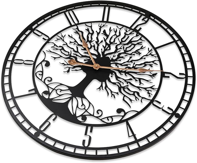 Tree of Life Wall Clock, 24inch Black Metal Wall Clock, Silent Quartz Movement, Modern Home Decor