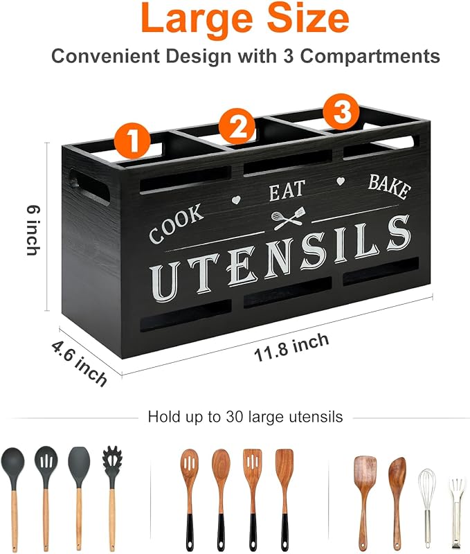 Extra Large Black Wood Utensil Holder Organizer Farmhouse Kitchen Decor Cutlery Spatula Holder Silverware Caddy Wooden Cooking Utensils Holder for Kitchen Countertop Utensil Crock Spoon Tools Holder