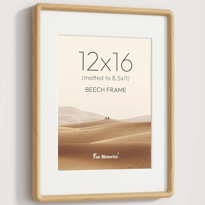 12x16 Picture Frame, Solid Beech Wood Frame with Real Glass, Hard Wood 12 by 16 Photo Frame for Wall & Tabletop Display, Picture Frame Matted to 8.5x11, Natural Beech Color
