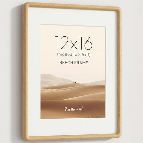 12x16 Picture Frame, Solid Beech Wood Frame with Real Glass, Hard Wood 12 by 16 Photo Frame for Wall & Tabletop Display, Picture Frame Matted to 8.5x11, Natural Beech Color