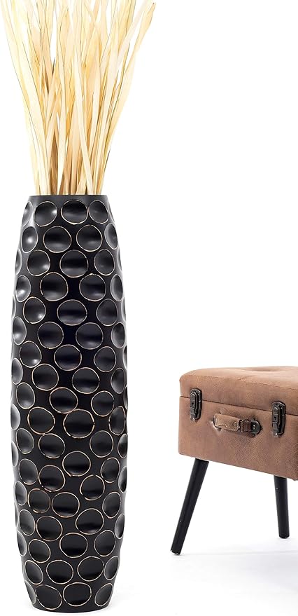 Leewadee Large Black Home Decor Floor Vase – Wooden 36 inches Tall Farmhouse Decor Flower Holder for Fake Plant and Pampas Grass