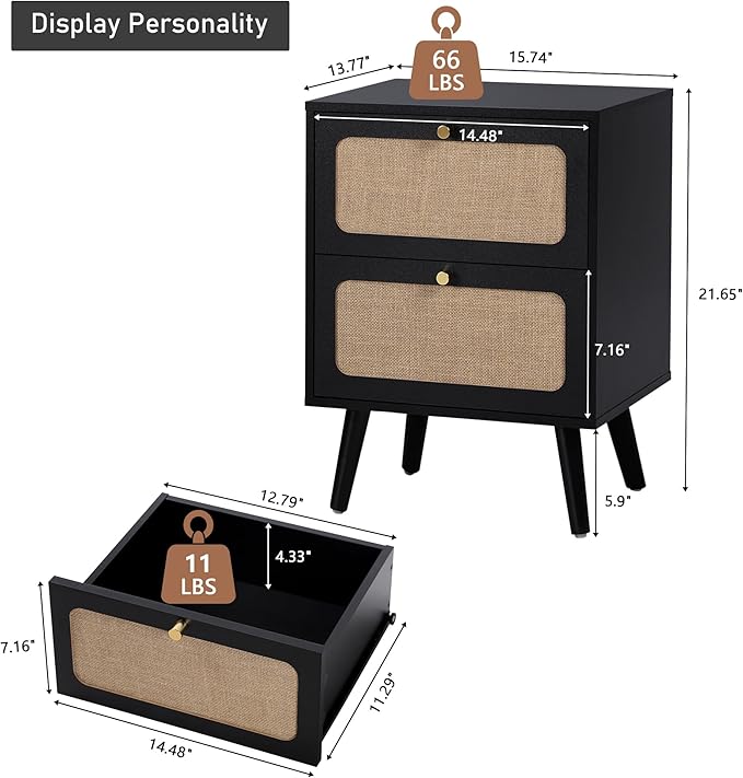 Mid Century Night Stand Set of 2, Modern Nightstand with 2 Drawers & Curved Linen Panel, Farmhouse End Table Wood Bedside Table Small Side Tables for Small Space, Bedroom (Black)