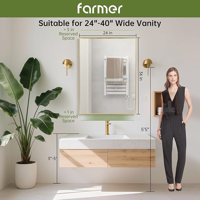 FARMER 24x36 Inch Gold Bathroom Mirror, Rectangle Wall Mounted Mirror, Vanity Mirror, Brushed Square Mirror, Framed Bathroom Mirror for Bedrooms, Entryways, Living Rooms, Horizontal/Vertical