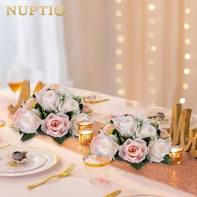 NUPTIO Flower Balls for Wedding Centrepieces - 2 Pcs 9.5in Diameter Artificial Flower Ball Arrangement Bouquet Peachy Pink & Creamy White Fake Rose Flowers Party Centerpieces for Weddings Tables