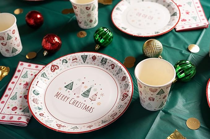 Classic Christmas Tableware Pack: Disposable Paper Plates, Napkins and Cups Set for 20