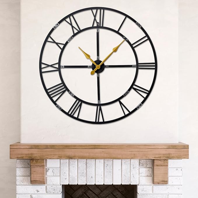 Large Wall Clock for Living Room Decor – 40 Inch Silent Non-Ticking Modern Farmhouse Wall Clock, Oversized Decorative Metal Roman Numeral Clock, Black