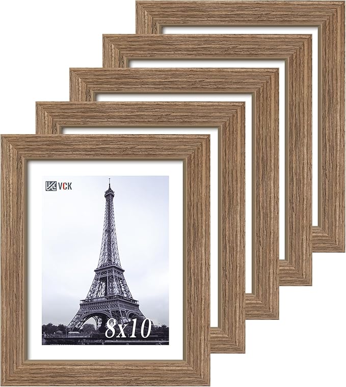 VCK 8x10 Picture Frame 5 Pack - Brown Walnut, Natural Textured Solid Wood Frame, Wall Gallery Frame