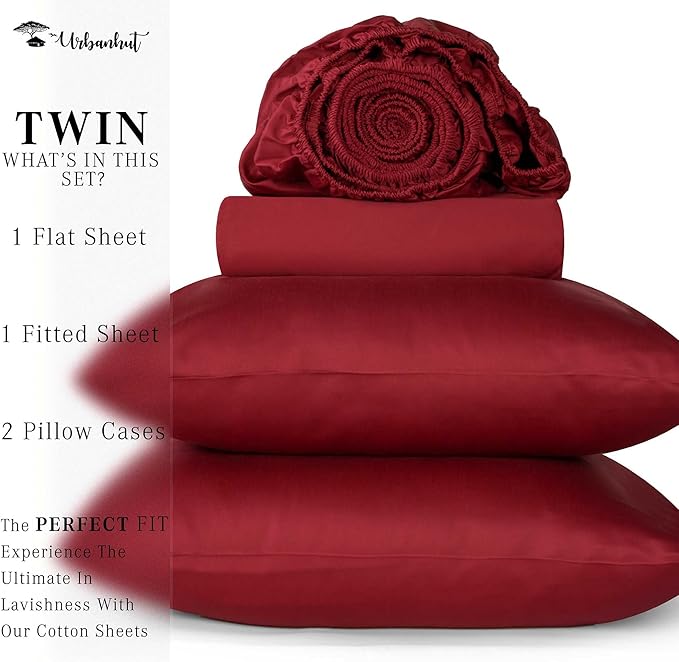 URBANHUT 700 Thread Count Egyptian Cotton Twin Sheets, 4Pc Sheet Set Soft Luxury Bed Sheets for Twin Size Bed, Sateen Weave Hotel Sheets, 14'' Elasticized Deep Pocket - Burgundy