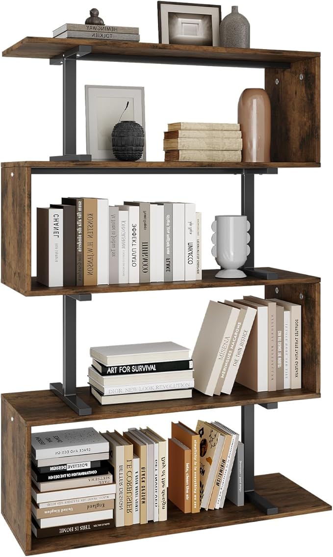 5-Tier Geometric Bookshelf, S Shaped Bookcase, 31.5" W x 58.3" H Wood Decorative Storage Shelving, Modern Freestanding Display Shelves, Tall Book Shelf Unit for Living Room Bedroom