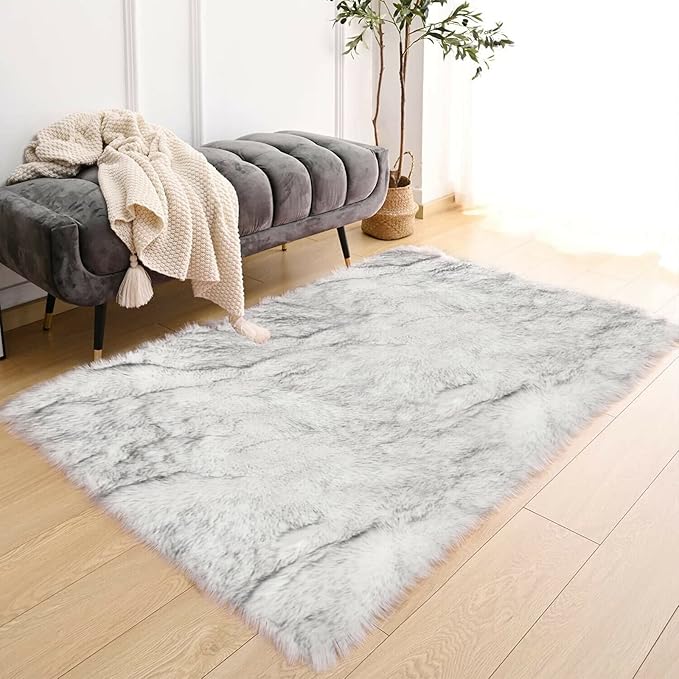Latepis White and Grey Faux Fur Rug 3x5 Area Washable Fluffy Rugs for Bedroom Living Room Rugs for Sofa Cushion Pet Mats Luxury Home Decor
