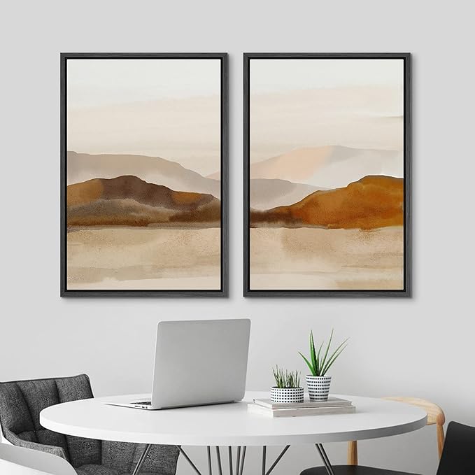 MUDECOR Framed Canvas Print Wall Art Pastel Brown Mountain Range Ocean Lake Wilderness Nature Illustrations Modern Art Decorative Calm/Relax Multicolor Rustic Minimal for Bedroom - 16"x24"x2 Black