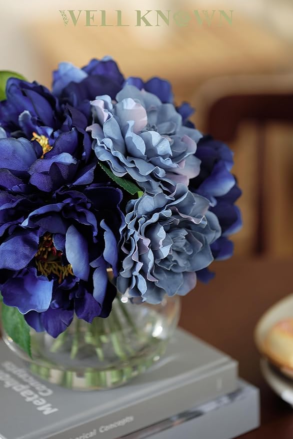 WELL KNOWN Artificial Flowers in Vase, Artificial Flowers for vase with Faux Water for Coffee Table Decor, Silk Fake Flower Arrangements Peonies Table Centerpieces (Blue)