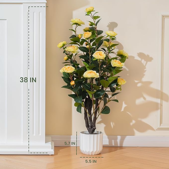 3.2FT Artificial Camellia Tree, Yellow Silk Flowers, Indoor Faux Plants with Realistic Trunk in White Cement Pot for Home House Living Room Bedroom Office Decor, 1pc