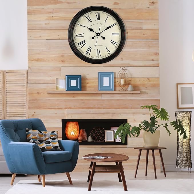 Round Classic Wall Clock Silent Non Ticking 16 Inch Extra Large Quality Quartz Vintage Clock, Rome Retro Decorate Clock Battery Operated, Easy to Read for Home Kitchen Living/Restaurant