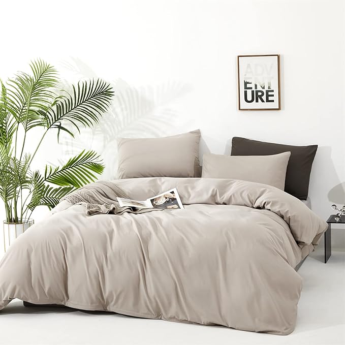 Pureant Beige Khaki Comforter Set King Size Light Khaki Bedding Set 3PCS Solid Oatmeal Comforter Modern Soft Women Men Cream Coffee Bedding Light Taupe King Size Quilts Cotton Champagne Bedding