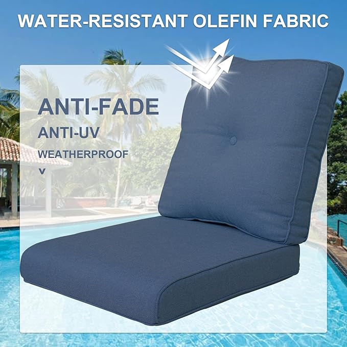 Patio Cushions for Outdoor Furniture - 22×24 Inches High Back and Deep Seating Outdoor Cushion for Patio Chairs Sofa Couch Loveseat Water Resistant(Blue/2 Set/Button)