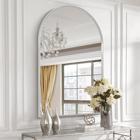 28" x 36" Silver Arched Mirror, Large Arch Bathroom Vanity Mirror, Modern Aluminum Alloy Metal Frame Arch Mirror for Living Room, Bedroom, Entryway, Tempered Glass, Shatter Proof, Anti-Rust