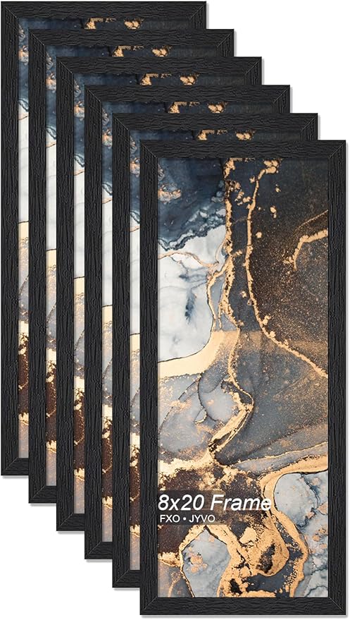Engineered Wood 8x20 Picture Frame Set of 6, Black Frame for 8 x 20 Inch Picture Poster Photo, Light Weight 8 by 20 Frame with Wood-grain for Wall - 6 Pack/Black/8"x20"