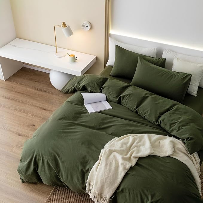 JIYUAN 100% Washed Cotton Duvet Cover Set 3 Pieces Oversized King, 1 Duvet Cover 120x98 Inches(Comforter Not Included) and 2 Pillowcases,Linen Feel Bedding Set Comfy and Breathable,Olive Green