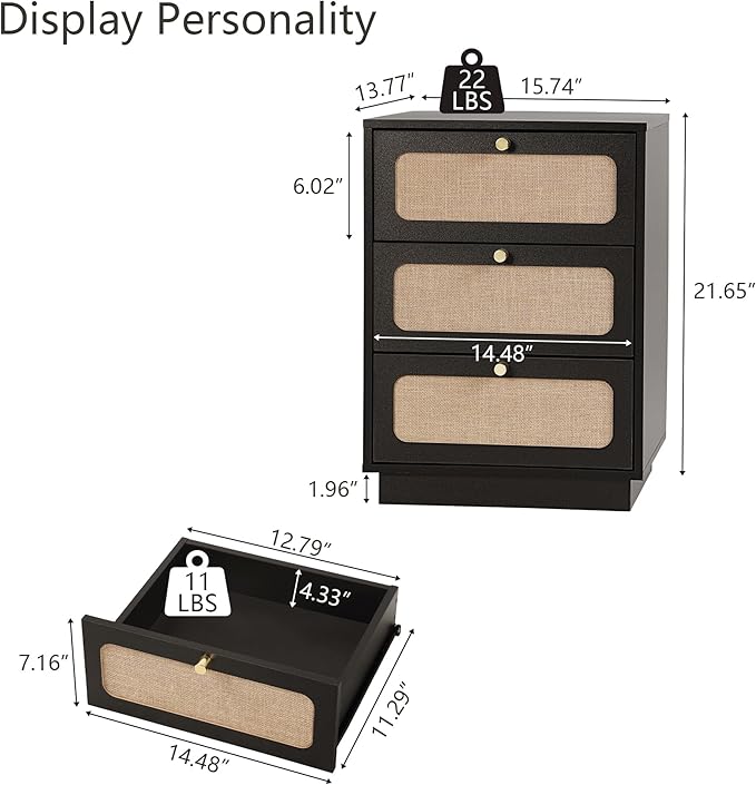 Nightstand with 3 Linen Drawers, Mid Century Modern Night Stand with Linen Drawers & Stable Legs, Wood Rustic Bedside Table End Table Side Table for Bedroom, Black