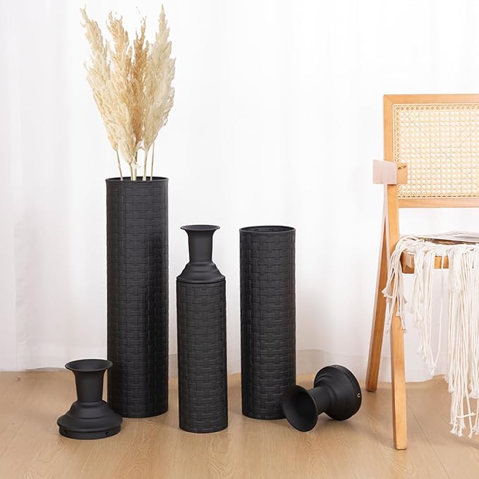 Tall Floor Vase Set of 3 Large Black Vase Tall Vases for Floor Vases Home Decor Large for Pampas Grass, Metal Material, Handcrafted Rattan Pattern, Matte Black