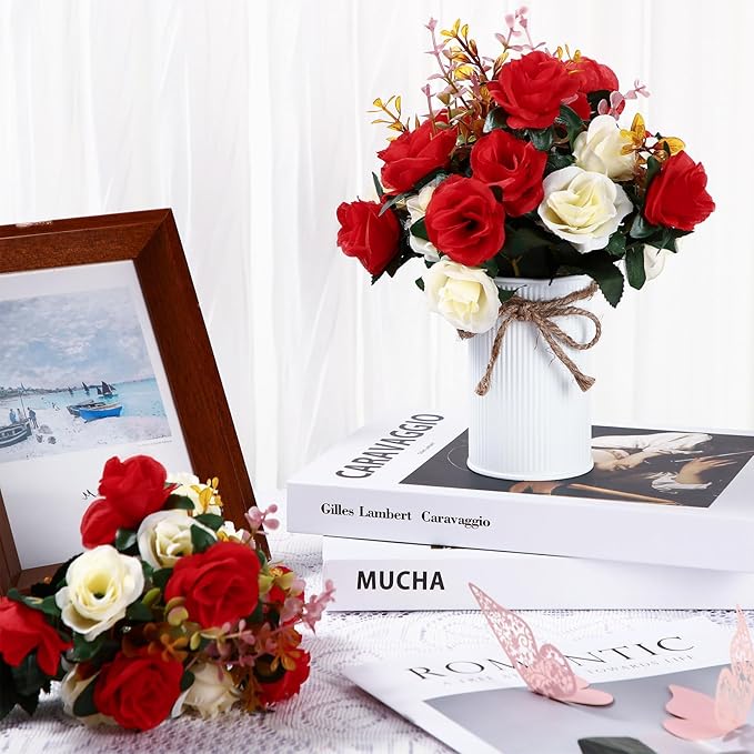 Domensi 6 Sets Wedding Centerpiece for Table Artificial Rose with Vase Fake Bouquets and Metal Pot Floral Arrangements for Holiday Party Event Table Decor (Red)