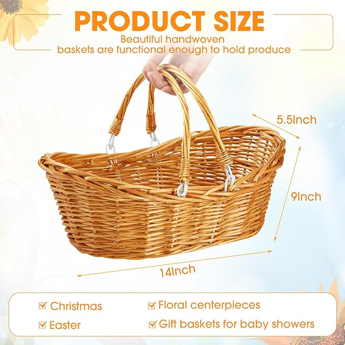 Wesiti 6 Pcs Wicker Picnic Basket with Handle, Hand Woven Harvest Basket Bulk, Wicker Flower Hoppet for Storage, Picnics, Easter, Organizing, Egg Gathering, Candy, Wedding(Light Brown)