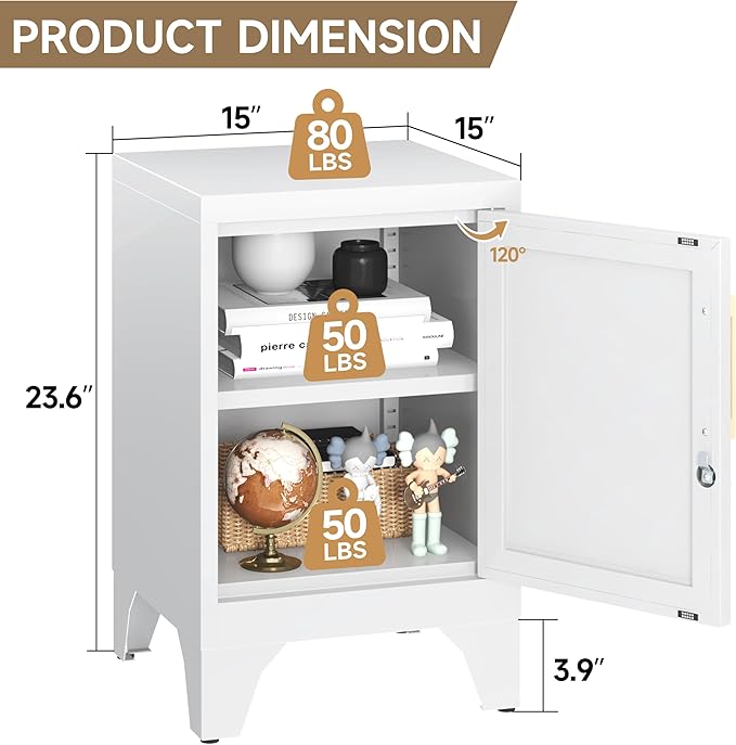 Metal NightStand Storage Cabinets with Lock and Adjustable Shelf,Metal Lockable End Table,Small Side Table,Bedside Table for Home, Office,Living Room,Garage, School(Assembly Required/White)