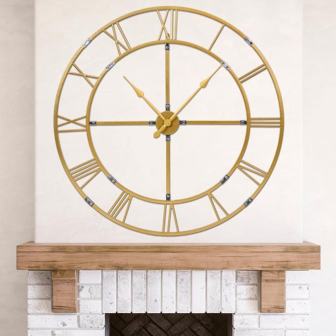 Large Wall Clock for Living Room Decor – 40 Inch Silent Non-Ticking Modern Farmhouse Wall Clock, Oversized Decorative Metal Roman Numeral Clock, Gold