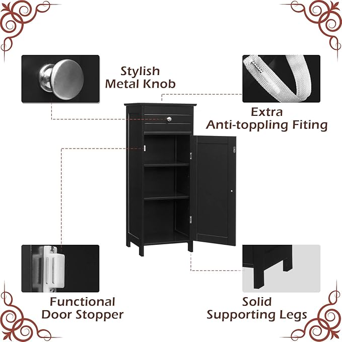 GLACER Floor Storage Cabinet, Multifunctional Bathroom Storage Cabinet with 2 Adjustable Shelves, Ideal for Bathroom, Living Room, 14 x 12 x 34.5 inches (Black)