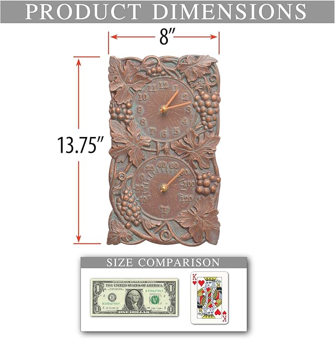 Grapevine Indoor Outdoor Wall Clock & Thermometer Made from Solid cast Aluminum