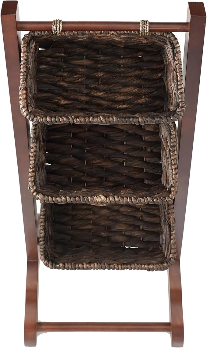 Casafield 3-Tier Floor Stand with Water Hyacinth Storage Baskets, Walnut/Espresso - Standing Organizer Rack for Bathroom, Kitchen, Laundry, Living Room