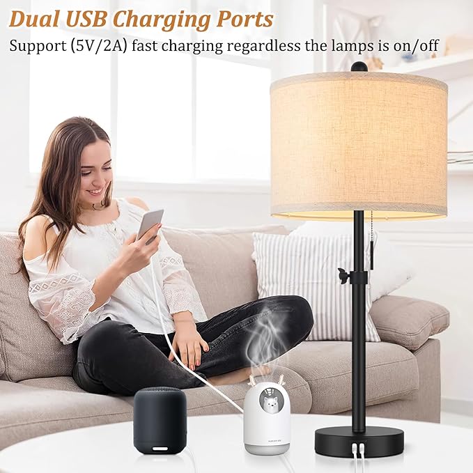 Adjustable Table Lamps for Bedroom Set of 2, 23''-30'' Height Adjusted Bedside Lamps with 2 USB Ports, Black Nightstand Lamps with Cream Linen Shade, Modern Industrial Living Room Lamp Set, Pull Chain
