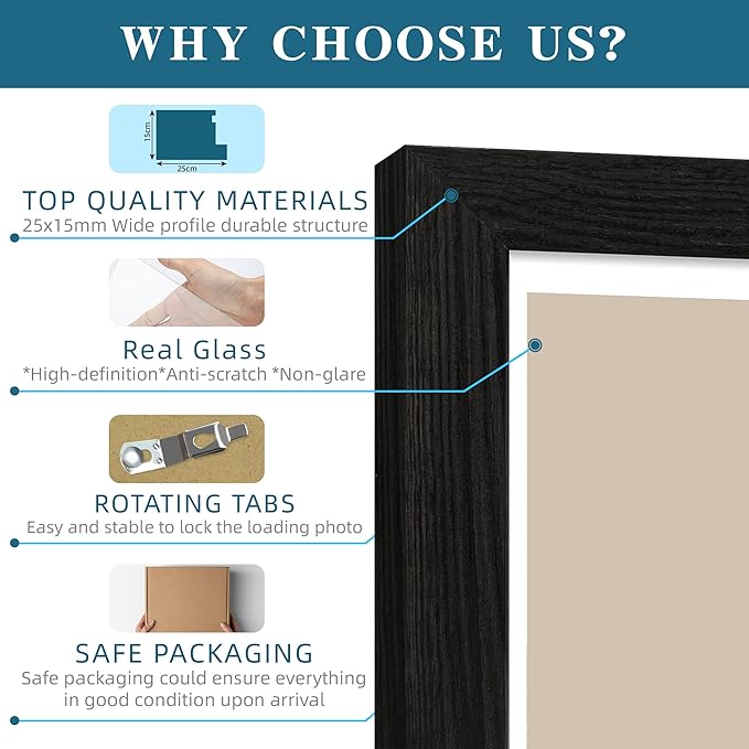 10x14 Picture Frame Set of 2, Made of Glass and Rustic Black Wooden Frame, Display 8x12 Pictures with Mat or 30 x 40cm Diamond Painting Art without Mat for Wall Mounting, Gallery Photo Frames